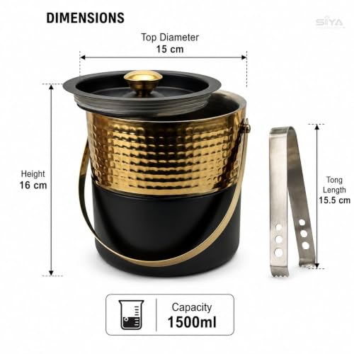 Premium Double Wall Ice Bucket with Lid & Tong, 1 Litre | Insulated Ice Holder with Hammered Gold Finish & Matte Black Base | for Bar, Home, Parties & Gifting